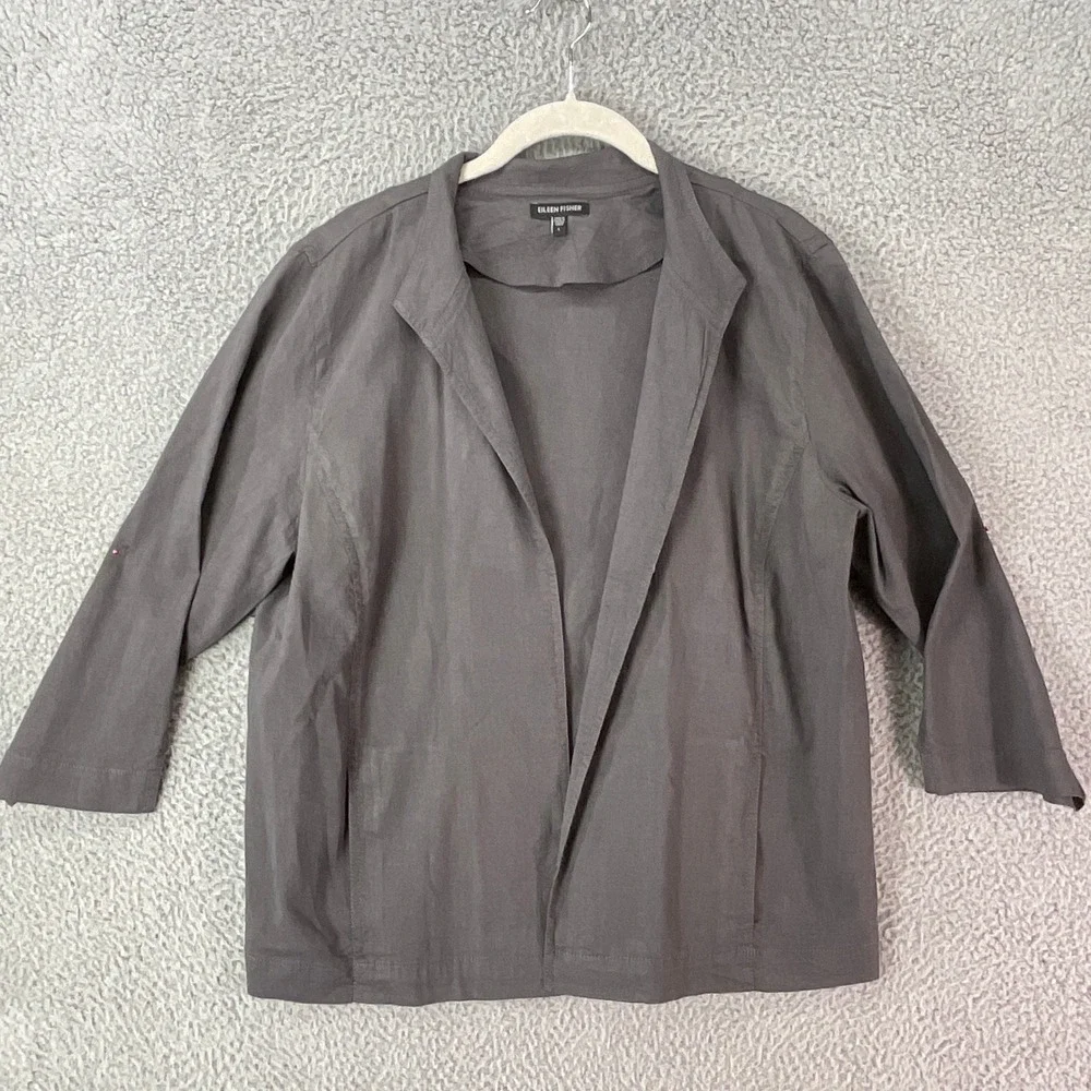 Eileen Fisher Linen Blend Blazer Womens L Grey Open Front Italian Fabric - Picture 1 of 7